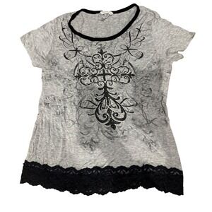 Angels & Diamonds Gray‎ Black Lace Trim Graphic Cross T Shirt Women's Size XL